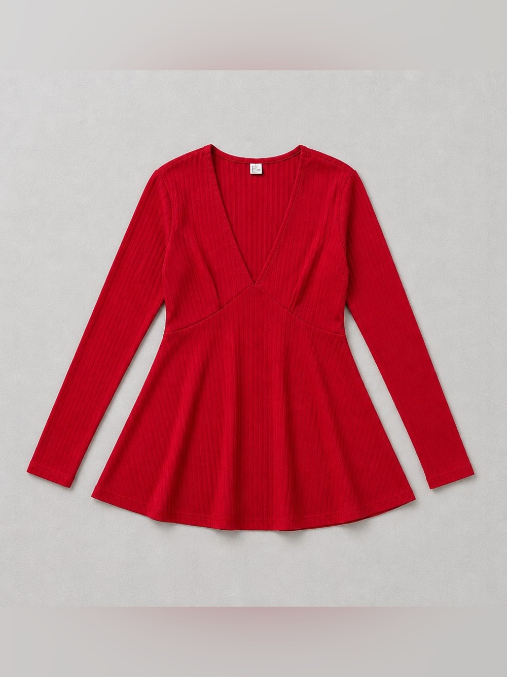 V-Neck Red Long-Sleeve Ribbed Flare Dress